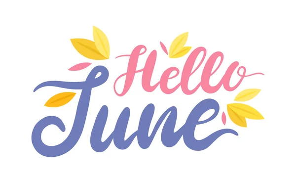 Hello June Colorful Banner with Lettering and Leaves on White Background. Summertime Season Greeting Calligraphy Design — Image vectorielle