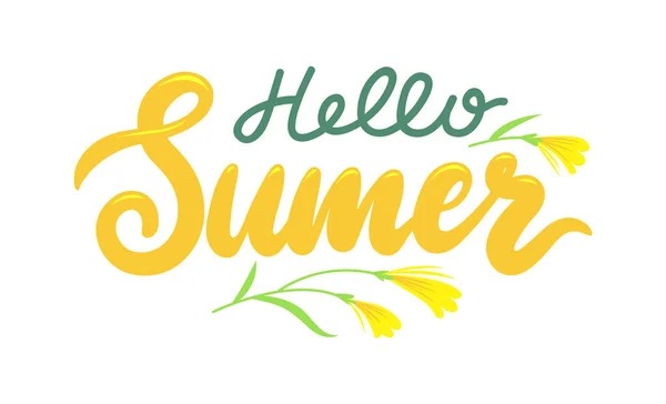 Hello Summer Banner with Lettering and Flower on White Background. Summertime Season Greeting Calligraphy Design — Image vectorielle