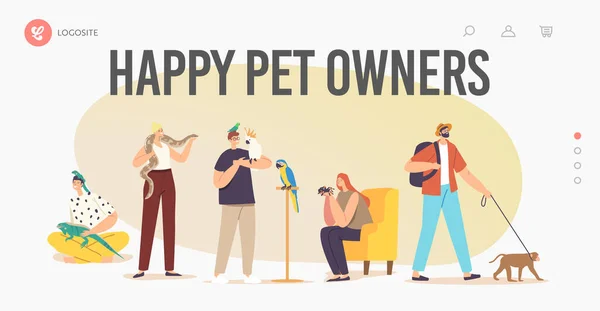 Happy Pet Owners Landing Page Template. Characters with Exotic Pets Lizard, Snake, Monkey and Spider with Parrot — Stockový vektor