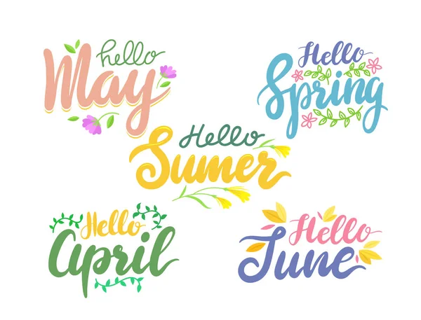 Hello Summer and Spring Banners with Lettering and Flowers on White Background. Summertime and Springtime Season — ストックベクタ