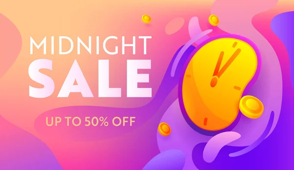 Midnight Sale Advertising Banner with Typography. Pink Background with Alarm Clock. Design for Shopping Discount — Stok Vektör