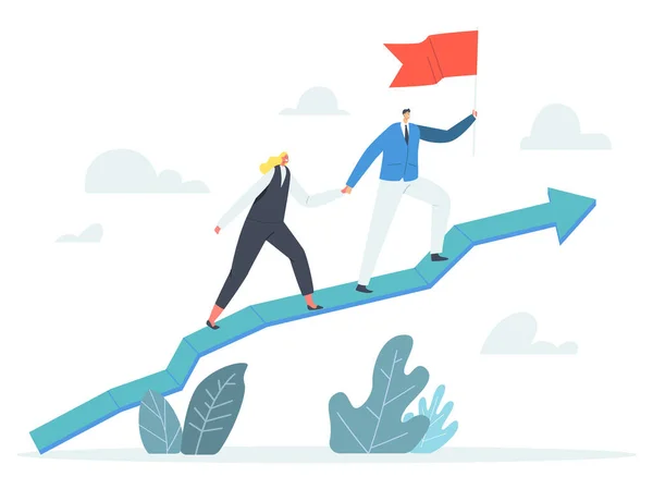 Επιχειρηματικοί χαρακτήρες Team Holding Hands and Red Flag Climbing Growing Arrow Graph, Εταιρική ηγεσία, Επιτυχία — Διανυσματικό Αρχείο