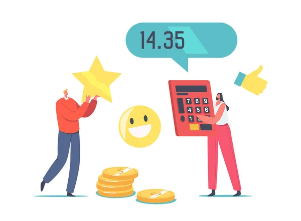 Price and Quality Balance. Tiny Characters Hold Huge Calculator and Gold Star. Customers Satisfaction with Product Cost — Stock Vector