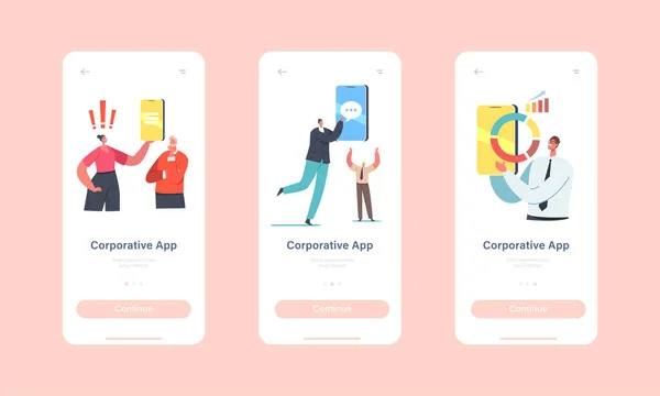 Gli uomini d'affari utilizzano Corporative Mobile App Page Schermo di bordo Template. Personaggi minuscoli con smartphone enormi — Vettoriale Stock