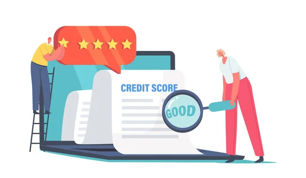 Tiny Male Female Characters at Huge Laptop Analyze Credit Score for Loan Approval. Excelente calificación bancaria Condiciones — Archivo Imágenes Vectoriales