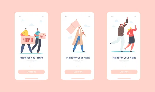 Pessoas lutam pelos direitos App Mobile Page Onboard Screen Template. Protestos de personagens com placas e tabuleiro — Vetor de Stock