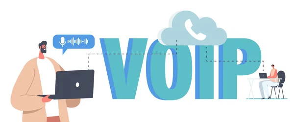 VOIP, concepto de tecnología de voz sobre IP. Los personajes usan conexión de telefonía inalámbrica. Sistema de telecomunicaciones — Vector de stock