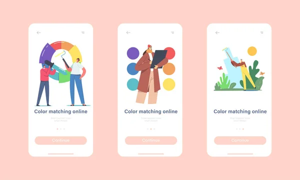 Color Matching Mobile App Page Képernyő Sablon. Szakmai tervező karakterek Palettakerekekkel dolgozik — Stock Vector