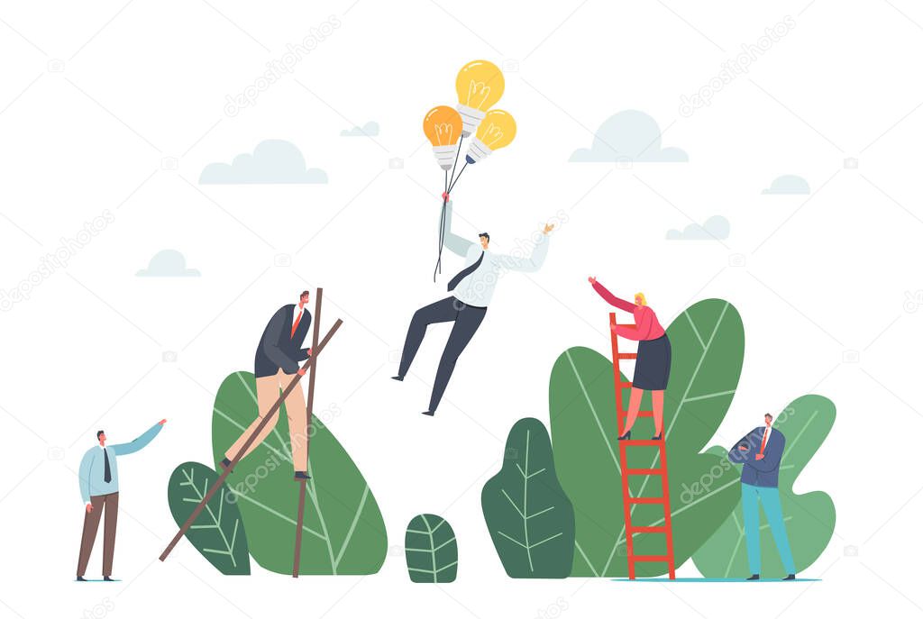 Competitive Advantages Concept. Business Characters Walking on Stilts, Climbing Ladder and Flying on Light Bulb Balloons