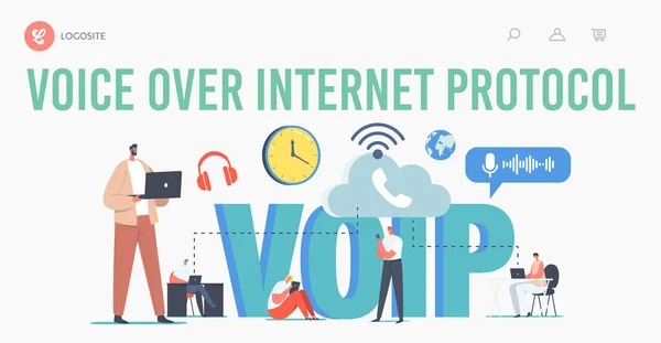 Tecnologia VOIP, Voz sobre IP Landing Page Template. Personagens usam sistema de telecomunicações, comunicação telefônica —  Vetores de Stock