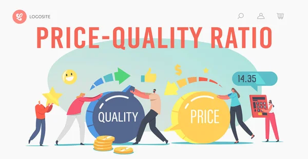 Modèle de page d'atterrissage du rapport qualité / prix. Minuscules personnages tournant énorme commutateur. Satisfaction des clients avec le produit — Image vectorielle