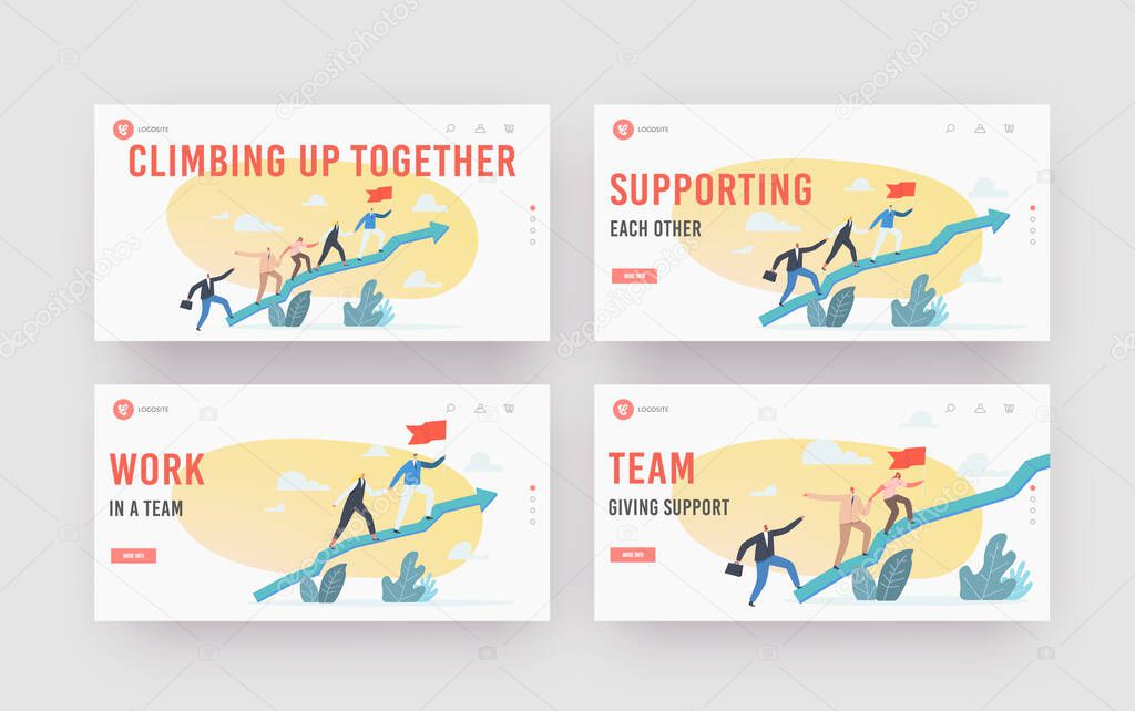 Business Characters Team Climb at Huge Growing Arrow Graph Landing Page Template Set. Leader with Flag, Teamwork