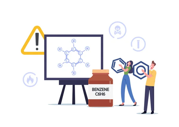 Personagens minúsculos perto de tela enorme com Benzene Ring Hydrocarbon Formula C6H6. Petróleo para Reabastecimento, Modelo de Bioquímica —  Vetores de Stock