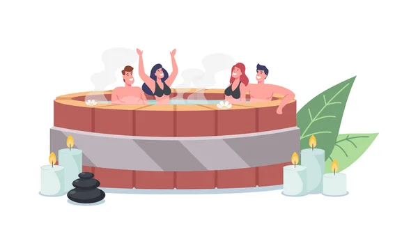 Hombres y mujeres jóvenes personajes sentados en un baño de madera Onsen con agua caliente tomando sauna y spa Procedimiento, Relajación — Vector de stock