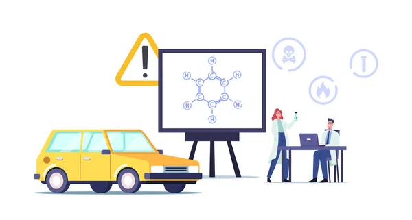 Personagens minúsculos do cientista no laboratório perto da tela enorme com a fórmula C6H6 do hidrocarboneto do anel do Benzene. Reabastecimento de petróleo —  Vetores de Stock