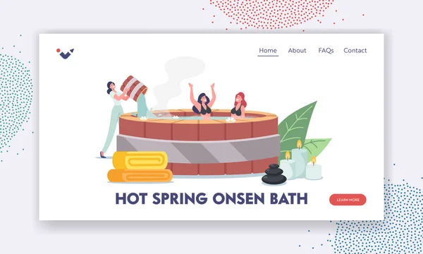 Jonge meisjes genieten van Thermal Water Pool Landing Page Template. vrouw giet water in onsen bad met gelukkige personages ontspannen — Stockvector