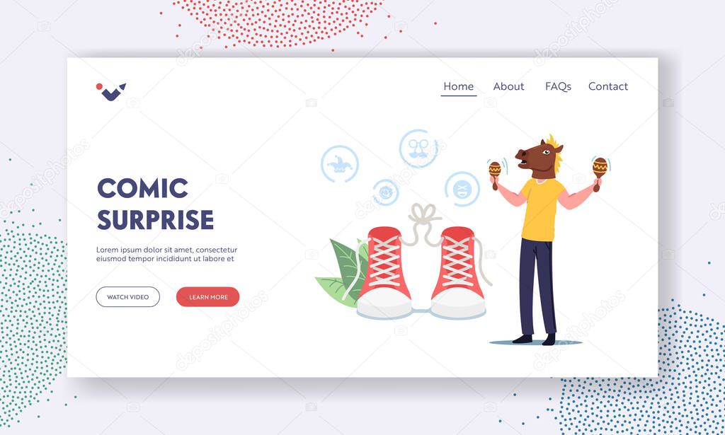 Comic Surprise Landing Page Template. First April Fools Day. Character Doing Prank Tricks. Man Wearing Funny Horse Head