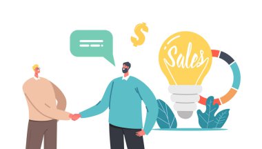 Sales Strategies Concept. Tiny Businessmen Shaking Hands at Huge Light Bulb and Pie Chart with Business Statistics clipart