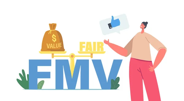 Conceito de Negócio de Mercado de Valor Justo. Pequena empresária personagem mostrar polegar no enorme FMV tipografia e balança de equilíbrio —  Vetores de Stock