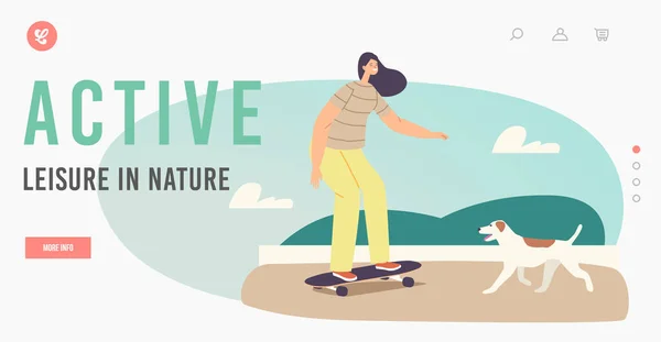Actieve vrije tijd in de natuur Landing Page Template. Jong meisje op skateboard in City Park. Skateboarder Meisje Activiteit — Stockvector