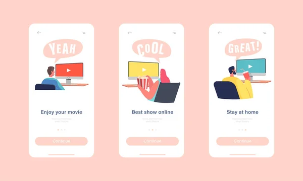 Az emberek élvezhetik a Movie Mobile App Page képernyő sablont. Férfi és női karakterek pop kukorica és szóda ital — Stock Vector