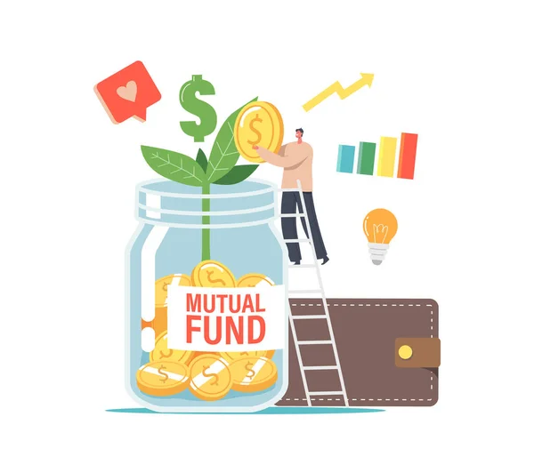 Finance Help via Mutual Fund Business Concept. Office Character or Businessman Put Gold Coin into Huge Jar with Sprout — Stock Vector