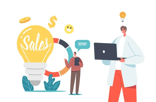 Sales Strategies en Business Idea Concept met kleine ondernemers Karakters met gadgets bij Enorme gloeilamp en Grafiek — Stockvector