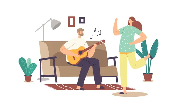 Happy Family Couple Home Party Concept. Man Playing Guitar and Singing Song, Woman Dance (dalam bahasa Inggris). Karakter Sparetime - Stok Vektor