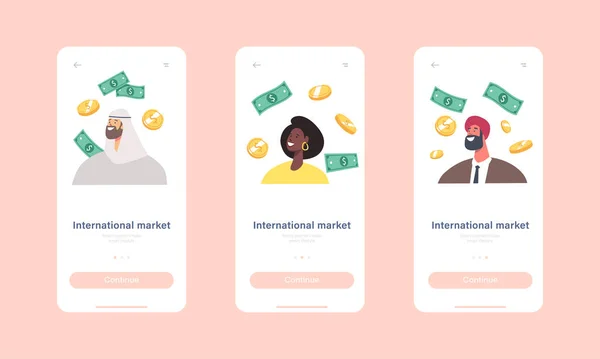 International Market Mobile App Page Onboard Screen Template. Podnikatelé Uzavírají dohody se zahraničními partnery — Stockový vektor