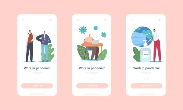 Munka a Pandemic Mobile App Page képernyőn Sablon. Irodai karakterek orvosi maszkok Munka Office on Distance — Stock Vector