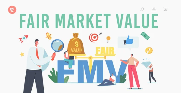 Trh s reálnou hodnotou, šablona stránky vykládky FMV. Drobné podnikatelé a podnikatelek postavy s obrovským lupa — Stockový vektor