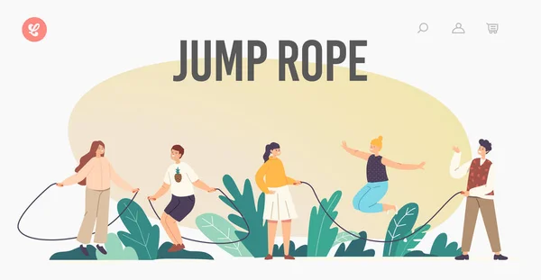 Happy Children Exercise with Jump Rope Landing Page Template. Kids Summertime Recreation, Outdoor Active Sparetime