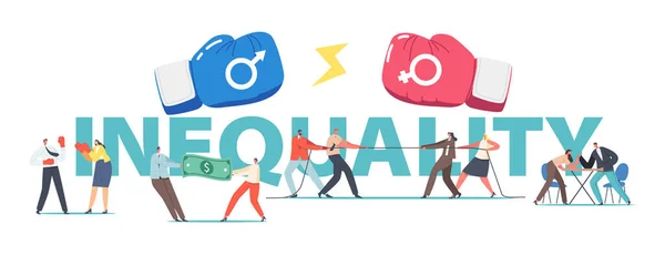 Man and Woman Inequality, Struggle Concept. Male and Female Characters Battle, Pulling Dollar Bill. Gender Competition — Stock Vector