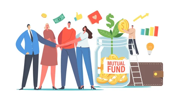 Mutual Fund Concept. Office Colleagues Male Female Characters Join Hands, Tiny Businessman Put Gold Coin into Glass Jar — Stock Vector