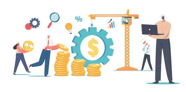 Value Engineering Concept. Ingenieurs karakters in harde hoeden werken Verzamel gouden munten in stapels, Tower Crane Pull Gear — Stockvector