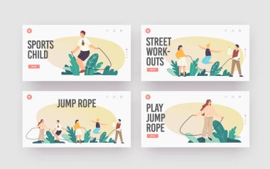 Sıçrama İpi İniş Sayfa Şablonu Ayarlı Mutlu Çocuk Karakterleri Egzersizi. Çocukların yaz tatili, açık hava molası.