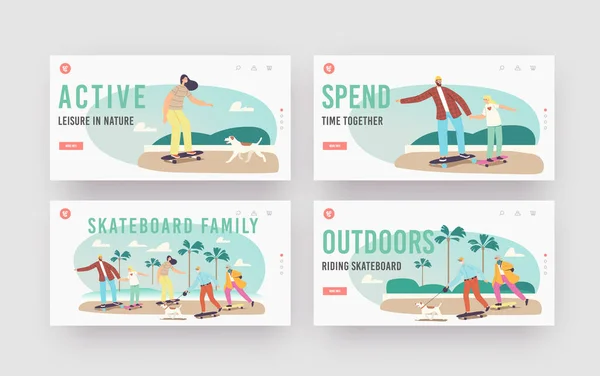 Skateboard Family Landing Page Template Set. Characters Mother, Father, Daughter and Grandparents with Dog Skating — Stock Vector