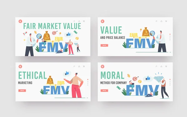 Fair Value Market, FMV Landing Page Template Set. Winzige Geschäftsleute und Geschäftsfrauen mit riesiger Lupe — Stockvektor