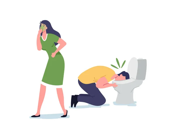 Food Poisoning, Contaminated Products Concept. Sick Male and Female Characters Nausea and Vomit in Toilet Bowl — Stock Vector