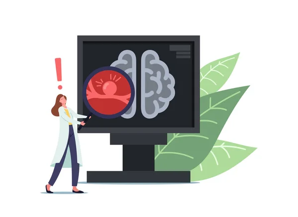 脳神経学のトモグラフィーを用いたPc画面で巨大な拡大鏡を持つ白い医療ロボットの小さな医師女性キャラクター — ストックベクタ