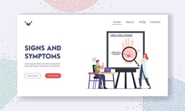 Karpal Tünel Sendromu belirtileri ve Semptomlar İniş Sayfası Şablonu. Ofis İşçisi Erkek Karakteri Bilek Ağrısı Çekiyor