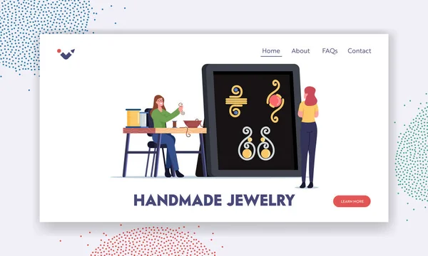 Frau erstellen Bijouterie Landing Page Template. Weibliche Figur fertigt Schmuck aus Kupferdraht-String und bunten Perlen — Stockvektor