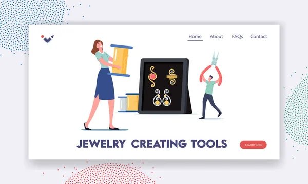 Jewelry Creating Tools Landing Page Template. Winzige Figuren mit riesigen Clippers und Drahtspule für die Schmuckherstellung — Stockvektor