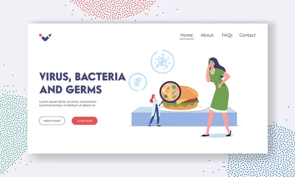 Virus, Bacteria and Germs in Contaminated Food Landing Page Template. Sick Female Character Nausea after Eating Burger — Stock Vector