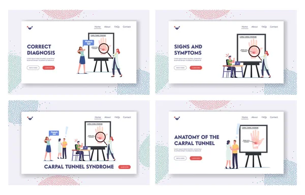 Набор шаблонов для высадки в туннеле запястья. Персонаж страдает от среднего сжатия нервов в запястье после работы на ПК — стоковый вектор