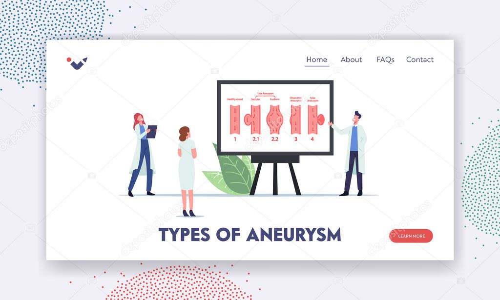 Neuroscience Neurosurgery Landing Page Template. Tiny Doctor Characters Presenting Huge Infographics with Aneyrism Types