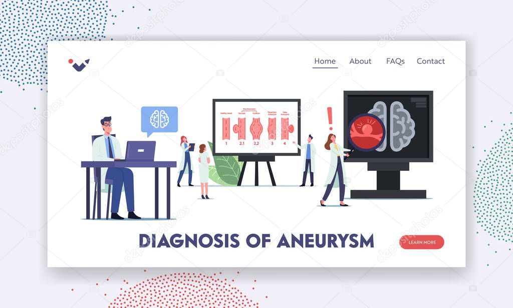 Aneurysm Diagnosis Landing Page Template. Tiny Doctor Characters at Huge Infographic Brain Disease Artery Wall Weakening