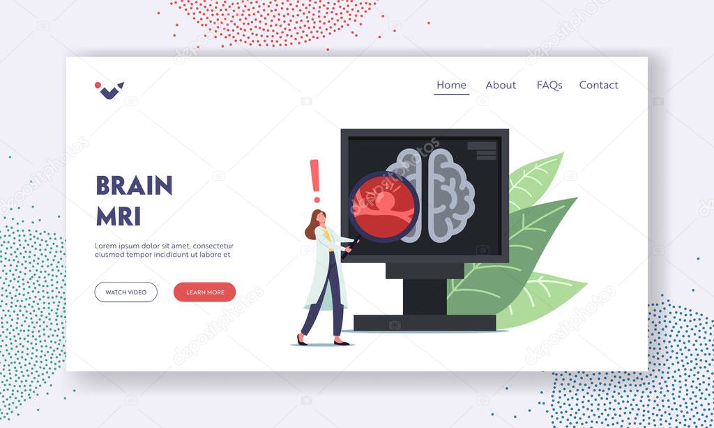 Brain MRI Landing Page Template. Tiny Doctor Female Character Hold Huge Magnifier at Pc Screen with Tomography of Brain