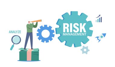 Küçük İşadamı Karakteri Büyük Para Yığını Üzerinde Risk Yönetimi Yazılı Çarkın Üzerinde Duruyor