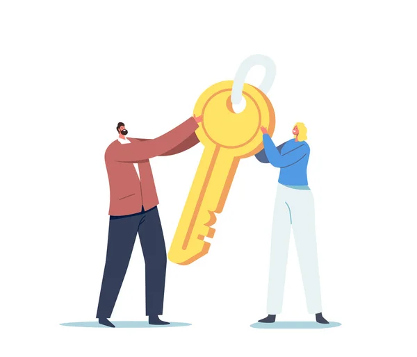 Drobné mužské a ženské postavy drží obrovský zlatý klíč. Obchodní motivace, Komplikované řešení úkolů, Bezpečnost — Stockový vektor